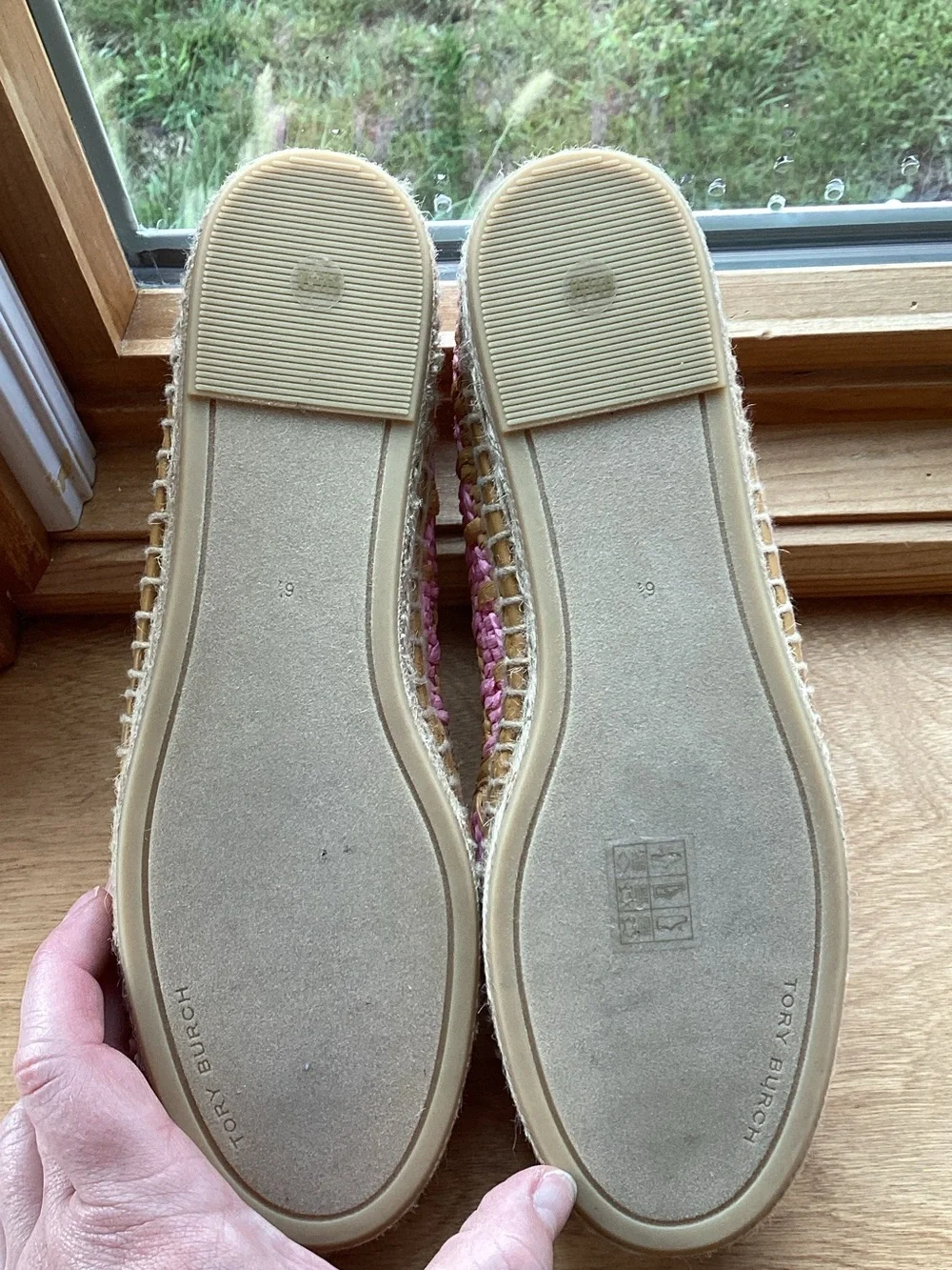 Tory Burch Pink and Natural Woven Espadrille Loafers with Logo Plaque